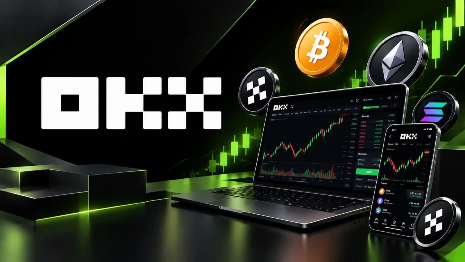 OKX brand illustration with laptop and phone showing the OKX trading app alongside Bitcoin, Ethereum and Solana coins (image: OKX marketing)