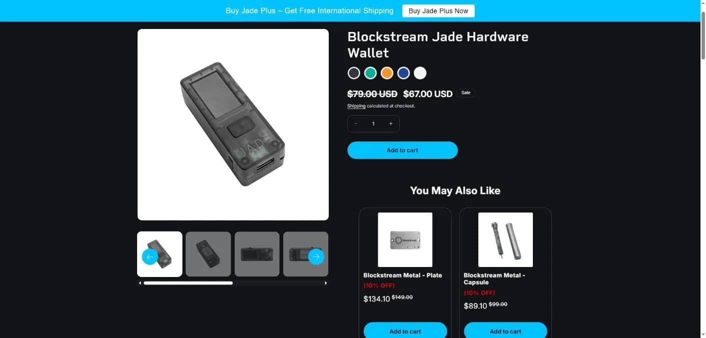 Blockstream Jade hardware wallet on sale at 67 USD with five transparent colour options