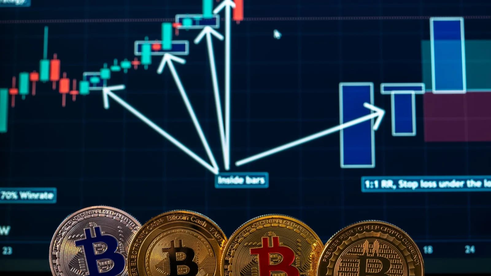 Digital coins with a stock market financial chart in the background, representing cryptocurrency trading.
