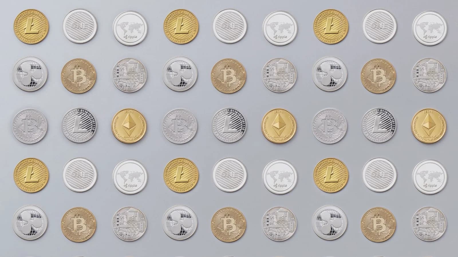 A seamless pattern of various cryptocurrency coins in gold and silver tones.