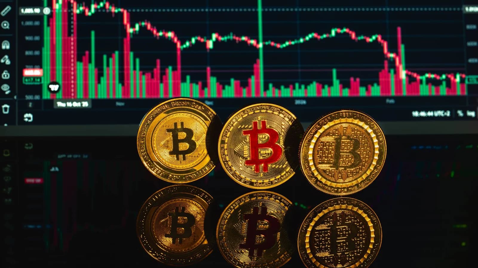Bitcoin coins with financial market chart in the background illustrating cryptocurrency volatility.