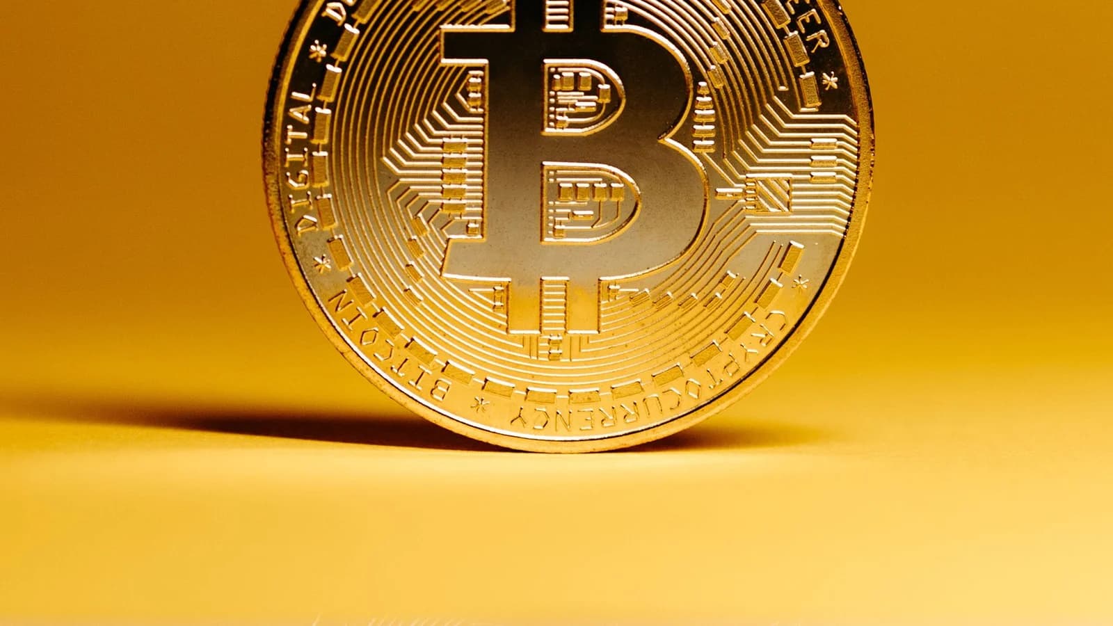 A golden Bitcoin coin stands out against a vivid yellow background, representing digital currency and financial technology.