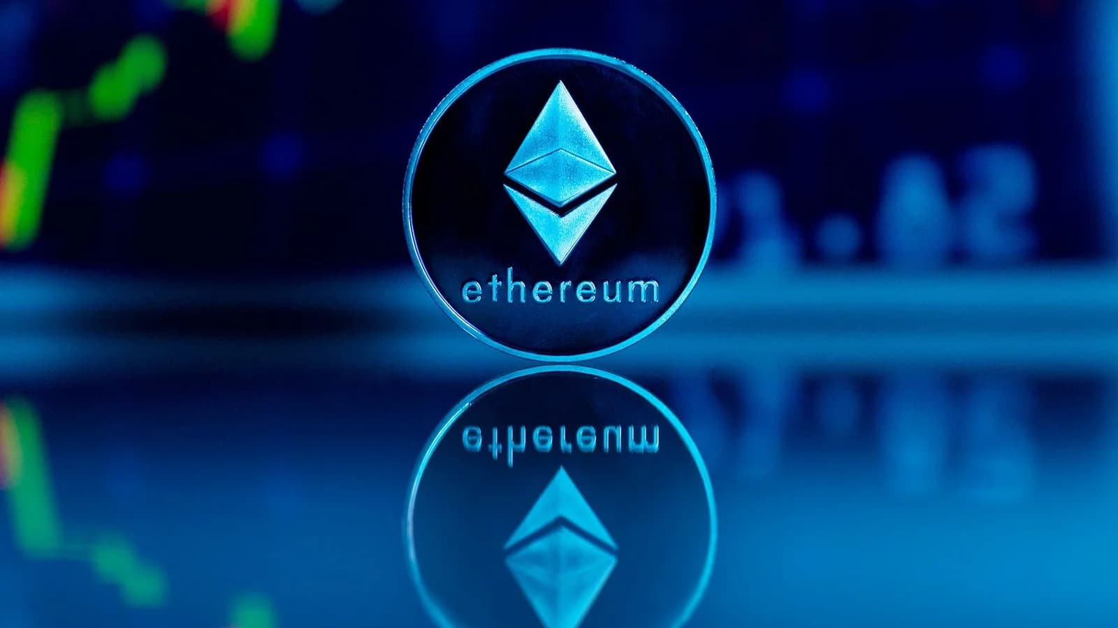 Ethereum coin with a financial graph in the background
