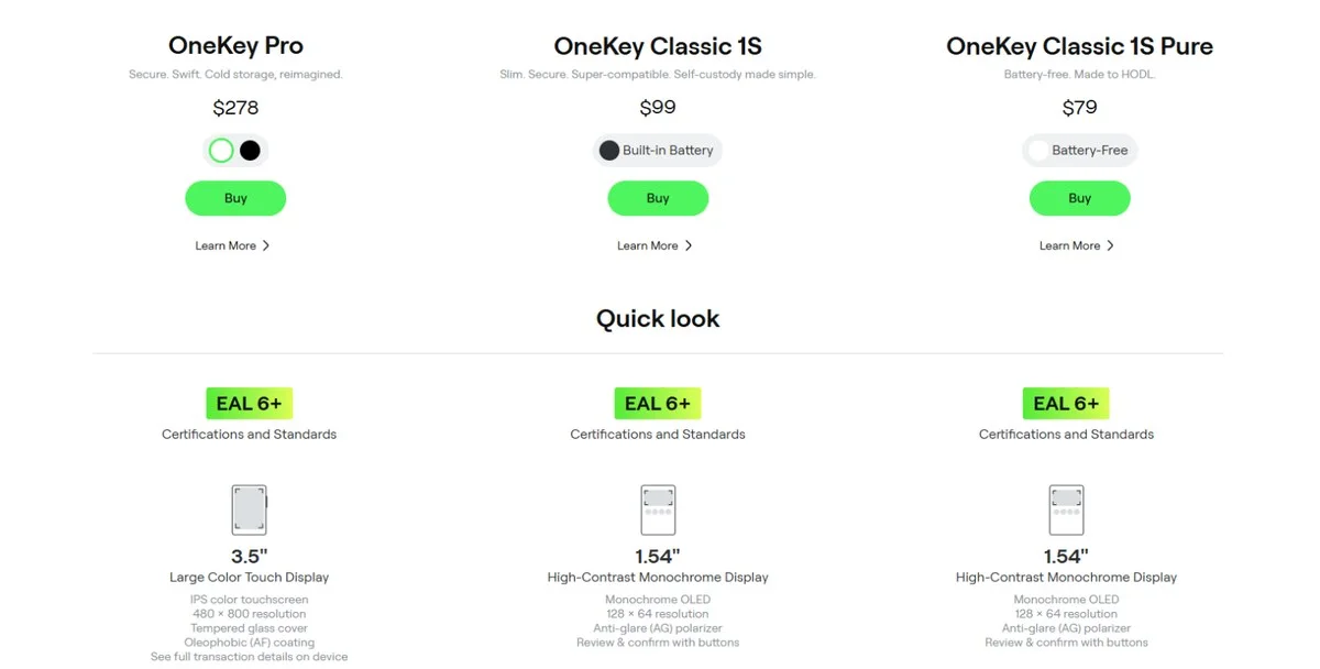 OneKey Pro compared with the OneKey Classic 1S and Classic 1S Pure